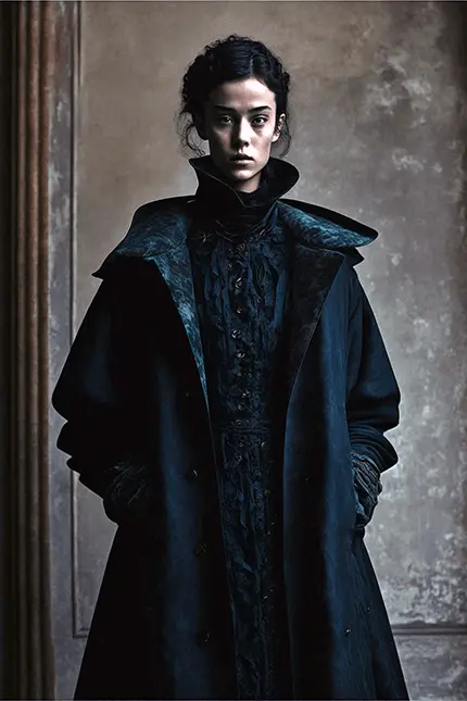 fashion model wearing Dark Academia black Dress with intricate embroidery and high neckline with an oversized gothic aesthetic wool black coat