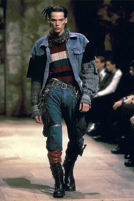 90s Grunge Aesthetic Mens Fashion Model Wearing Jeans, Jean Jacket, Combat Boots and Sweater