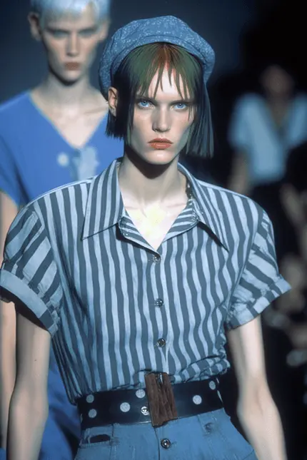 Grunge Aesthetic Fashion Model Wearing Striped Collared Short Sleeve Shirt
