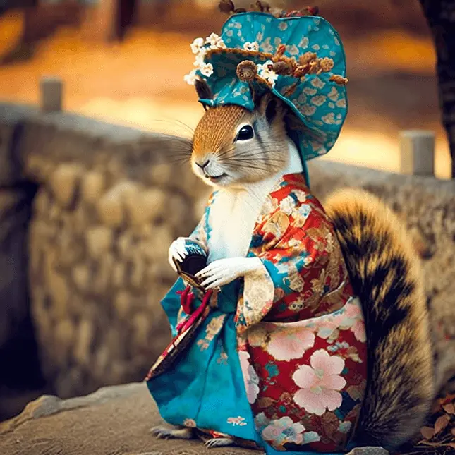 Cute Squirrel Picture In Japanese Kimono with Geisha Fashion Aesthetic AI Generated Image