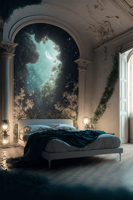 Light Academia Bedroom Interior Design with Elements of Classical Architecture and Celestial Aesthetic Wall Art
