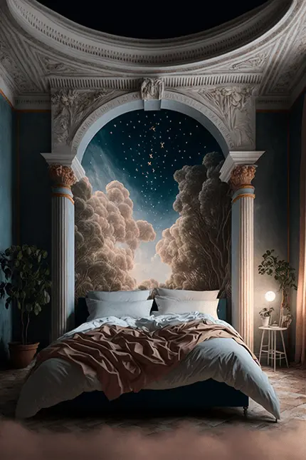 Light Academia Bedroom Interior Design with Classical Architecture and Celestial Aesthetic
