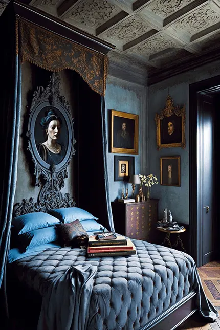 Dark Academia Bedroom with Gothic Wall Decor and Blue Bedding