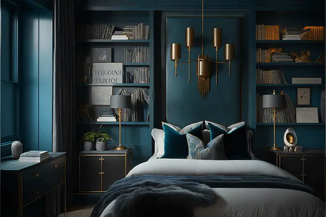 Modern Dark Academia Bedroom Design with Velvet Pillow, Gold Light Fixture, and Blue Green Color Aesthetic