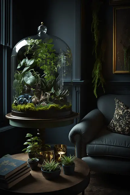 Large Plant and Moss Terrarium on Table Inside Dark Academia Interior Design Living Room with Muted green leather Couch, dark green walls and plants in the background