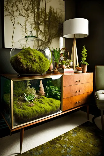 Plant Terrarium with Moss and Succulents inside Mid Century Modern Furniture with Biophilic Scandinavian Interior Design Aesthetic