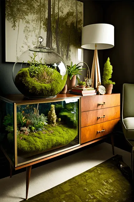 Plant terrarium with moss, succulents, and other plants inside of mid-century modern Scandinavian design furniture