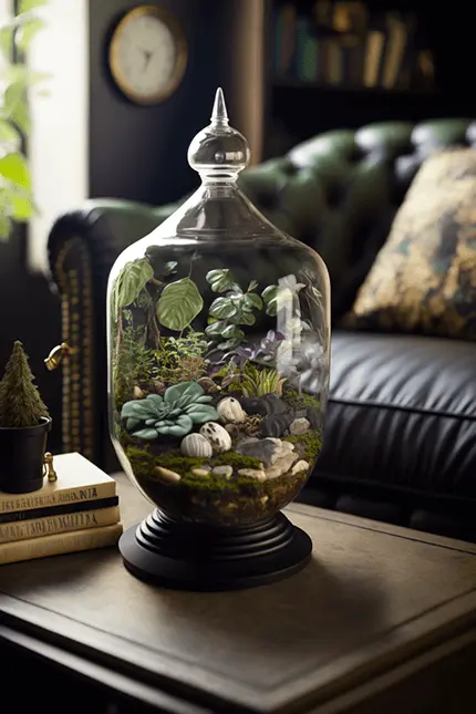 Glass Plant Terrarium with Succulents, Moss Sea Shells and Leafy Plants on a coffee table with Brown Leather Couch and Bookshelves in Background