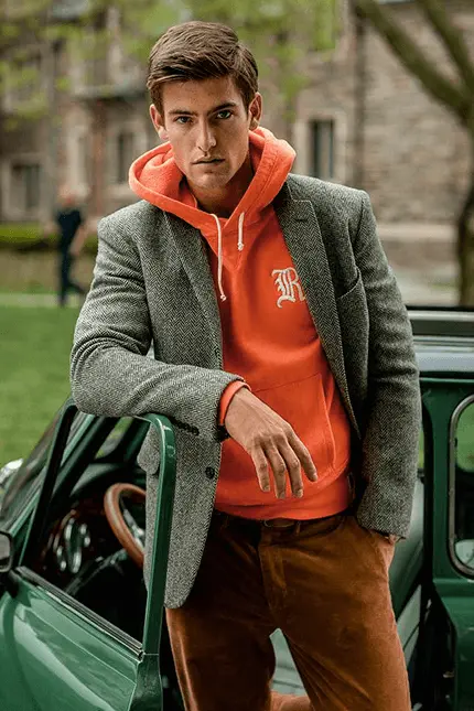 Preppy Mens Fashion Orange Lacoste Sweatshirt with Tweed Dark Academia Blazer and Corduroy pants