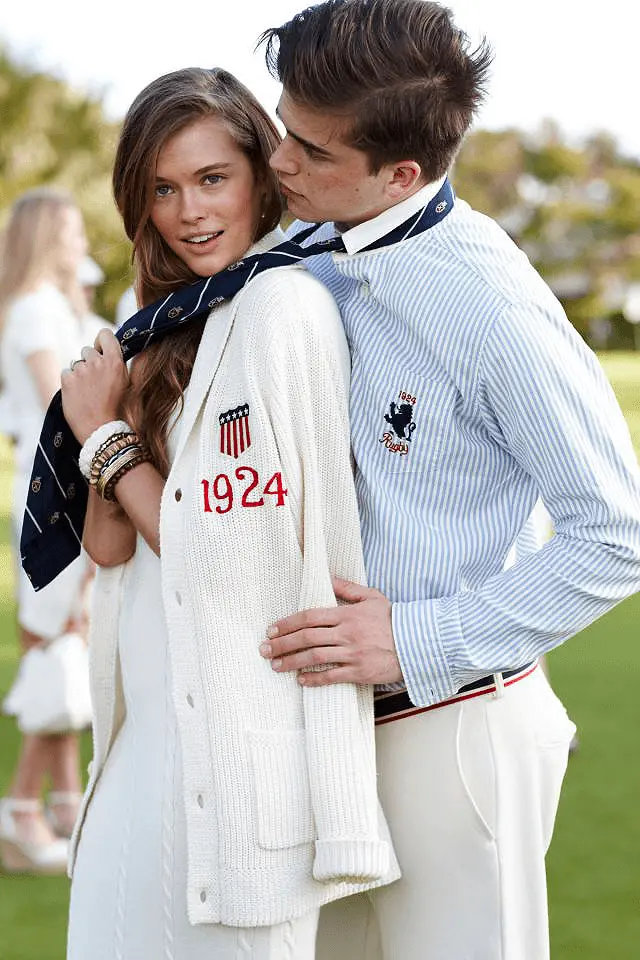 Preppy Aesthetic Fashion Models wearing Ralph Lauren Rugby Collection White Sweater and Collared Shirt
