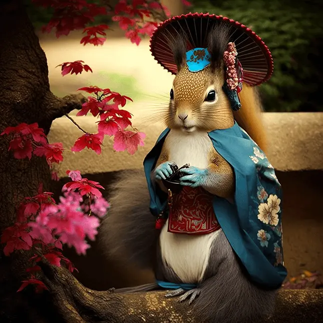 Cute Squirrel Pictured In Japanese Kimono with Geisha Fashion Aesthetic Generated By MidJourney AI