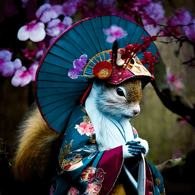 Cute Squirrel In Japanese Kimono with Geisha Fashion Aesthetic Generated By MidJourney AI