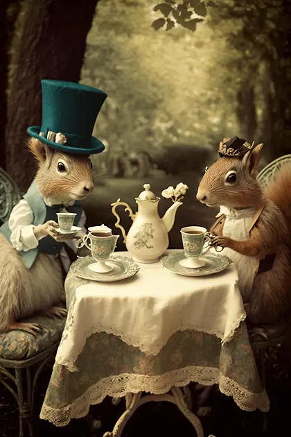 Clipart of Two Victorian Squirrels At A Garden Tea Party In the Forest