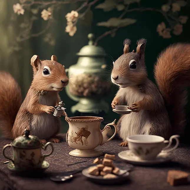 Two Squirrels At Squirrel Tea Party with Teacups Clipart
