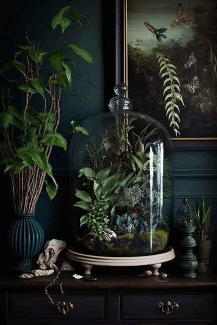 Plants and Moss Terrarium On Wooden Furniture with Dark Academia Interior Design Aesthetic, Muted Dark Blue Green Walls and Dark Butterly Wall Art