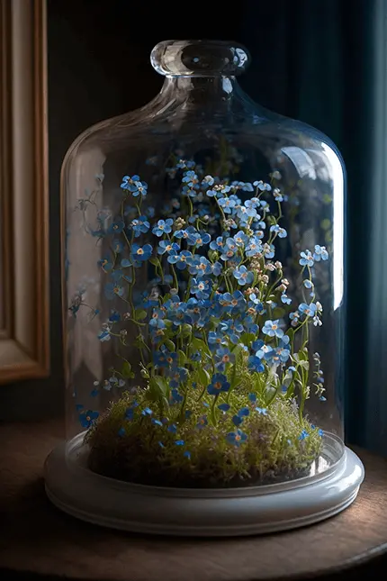 Forget Me Nots Flowering Plants Inside Glass Terrarium Growing in Moss Medium