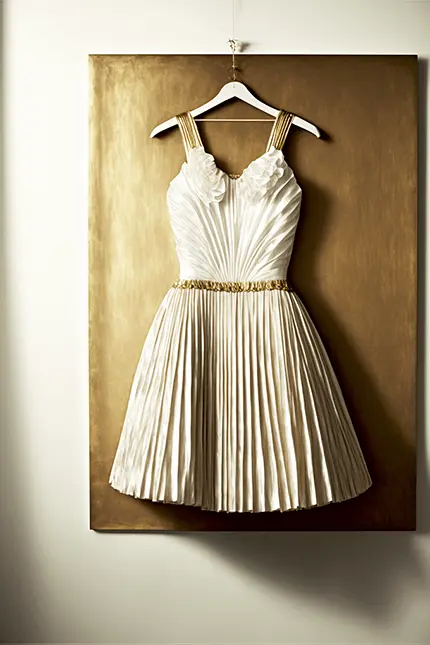 White Gold Dress Pleated Skirt hanging on hanger