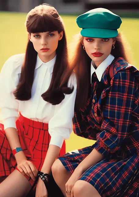 Preppy 80s fashion outfits worn by two models on a grass field