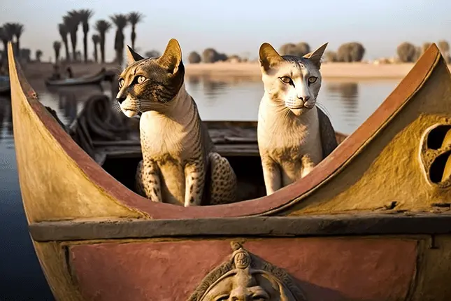 Two Ancient Egyptian Cats in a wooden boat on the river Nile