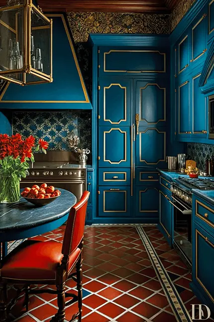 Maximalist Manor House Decor Dark Academia Kitchen with Teal Cabinets, Red Chairs, and Red Flowers
