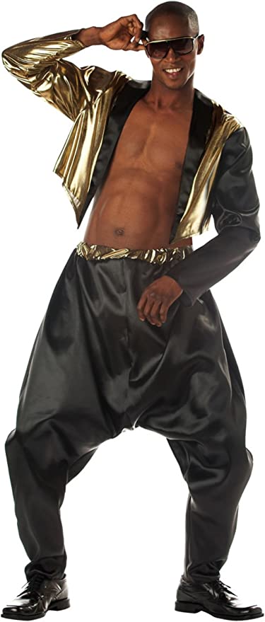buy MC Hammer Pants black and gold worn by male model 90s rapper in fashion costume