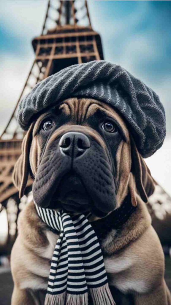 Cane Corso Dog in front of eiffel tower wearing a beret