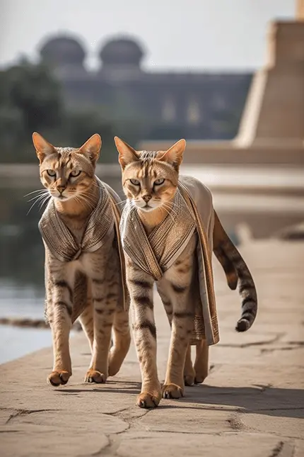 Two Chausie cats, an Egyptian breed, walking side by side on an ancient stone pathway