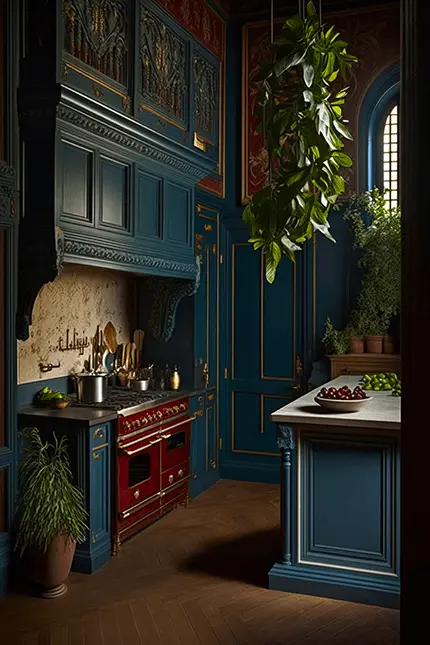 Dark Academia Kitchen Maximalism Teal Cabinets