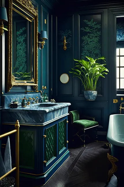 Dark Academia Aesthetic Manor House Bathroom with Blue Green Cabinets, plants, gold mirror and white tub