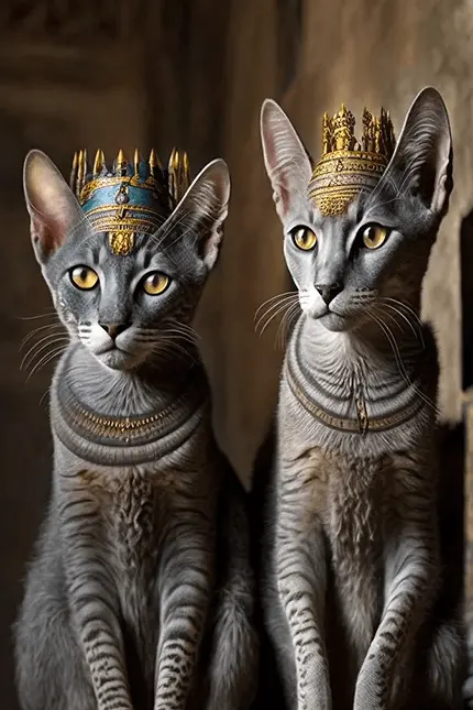 Two Egyptian Mau Cats Wearing Ancient Egyptian Crowns inside of Palace