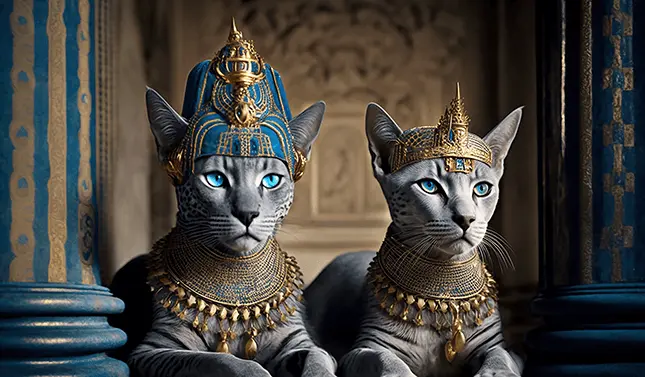Two Egyptian Cat God Costumes on Egyptian Mau Cats