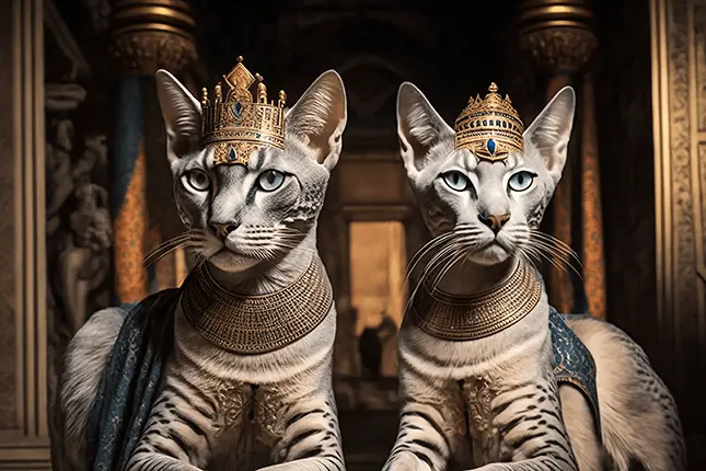 Two Egyptian Mau Cats Wearing Egyptian Cat Goddess Crowns inside of ancient palace