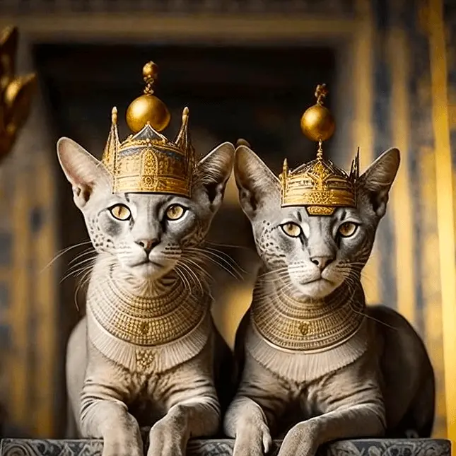 Egyptian Goddess Outfits On Two Egyptian Mau Cats in Ancient Palace