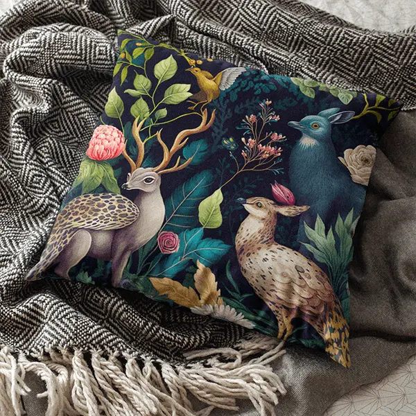 Dark Academia Flora and Fauna Pillow with Elk Deer Birds and plants on Gray Blanket