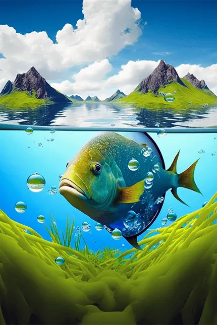 Frutiger Aero digital aesthetic design fish swimming in bright water