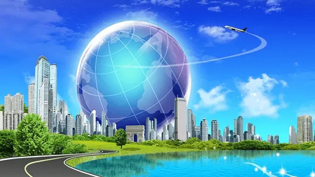 Frutiger Aero Digital Aesthetic Blue World, Aeroplane and water with cityscape