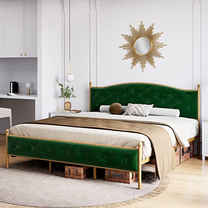Green Velvet and Gold Bed Frame with Tan and White Bedding