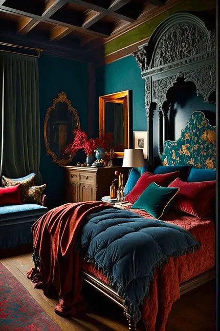 Dark Academia Bedroom with Harry Potter Castle Aesthetic Bed Frame, Green Walls, and Gothic Color Palette Decor