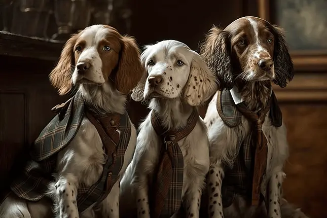 Different Aesthetics Preppy Dogs Three English Setters In Northern Ivy League Style Hunting Outfits with Dark Academia Aesthetic