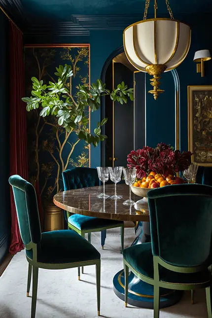 Maximalist Dark Academia Dining Room with Teal Chairs, and gold chandelier