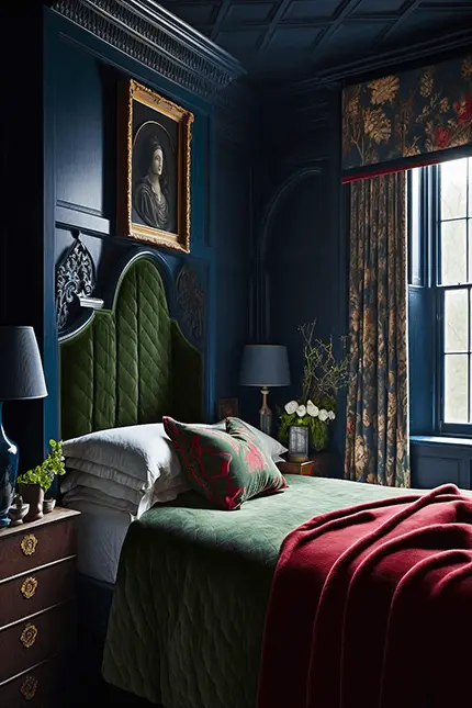 Dark Academia Interior Design Modern Blue Aesthetic Bedroom with Gothic Green Velvet Headboard
