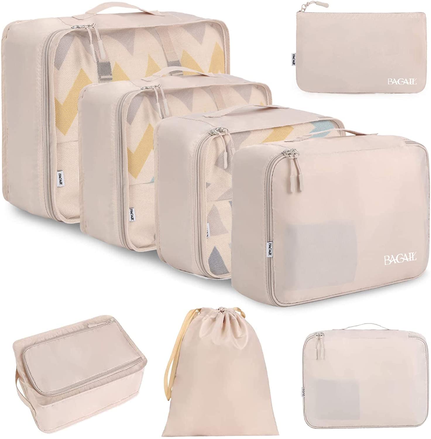 Set of seven packing cubes for carry on luggage