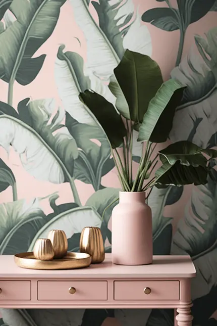 Different Aesthetic Styles Preppy Banana Leaf Wallpaper with Pink Desk