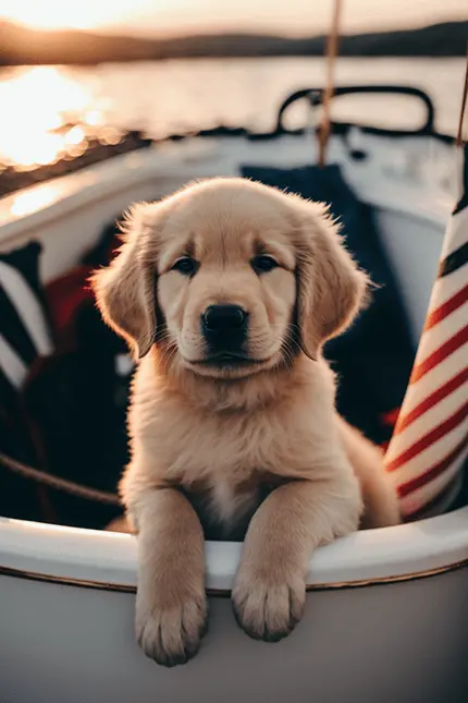 East Coast Prep Aesthetic Nautical golden retriever puppy inside of boat at sunset