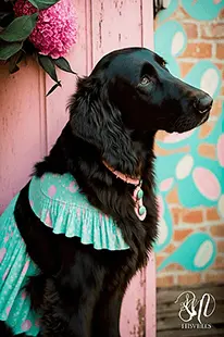 Southern Preppy Dog Wearing Lilly Pulitzer style teal dress