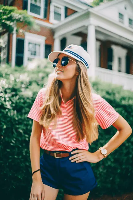 How To Be Preppy Model Wearing Polo Shirt, Maritime Stripe hat, sunglasses and navy blue shorts with gold watch