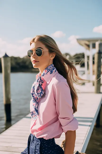 Preppy Girl on the dock wearing a pink summer shirt and skirt outfit with sunglasses