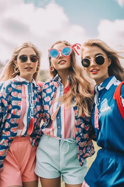 Preppy Picture of Three Girls Wearing Fourth Of July Style Preppy Aesthetic Clothing, Sunglasses, Tops and Shirts