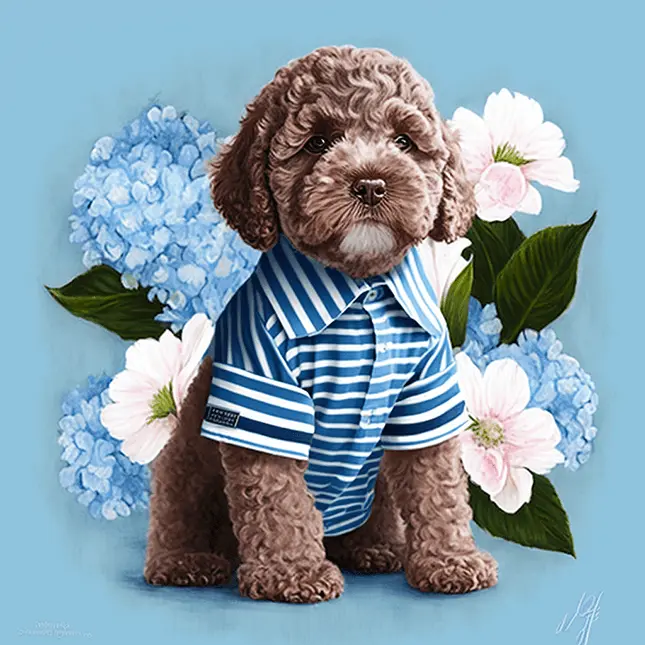 Preppy Lagotto Romagnolo Puppy Nantucket Aesthetic wearing striped shirt with flower background