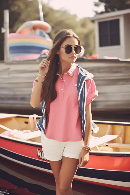Preppy Summer Girl Outfit with Pink Polo, White Shorts, Sunglasses and Vest on Teen model with boat dock in background